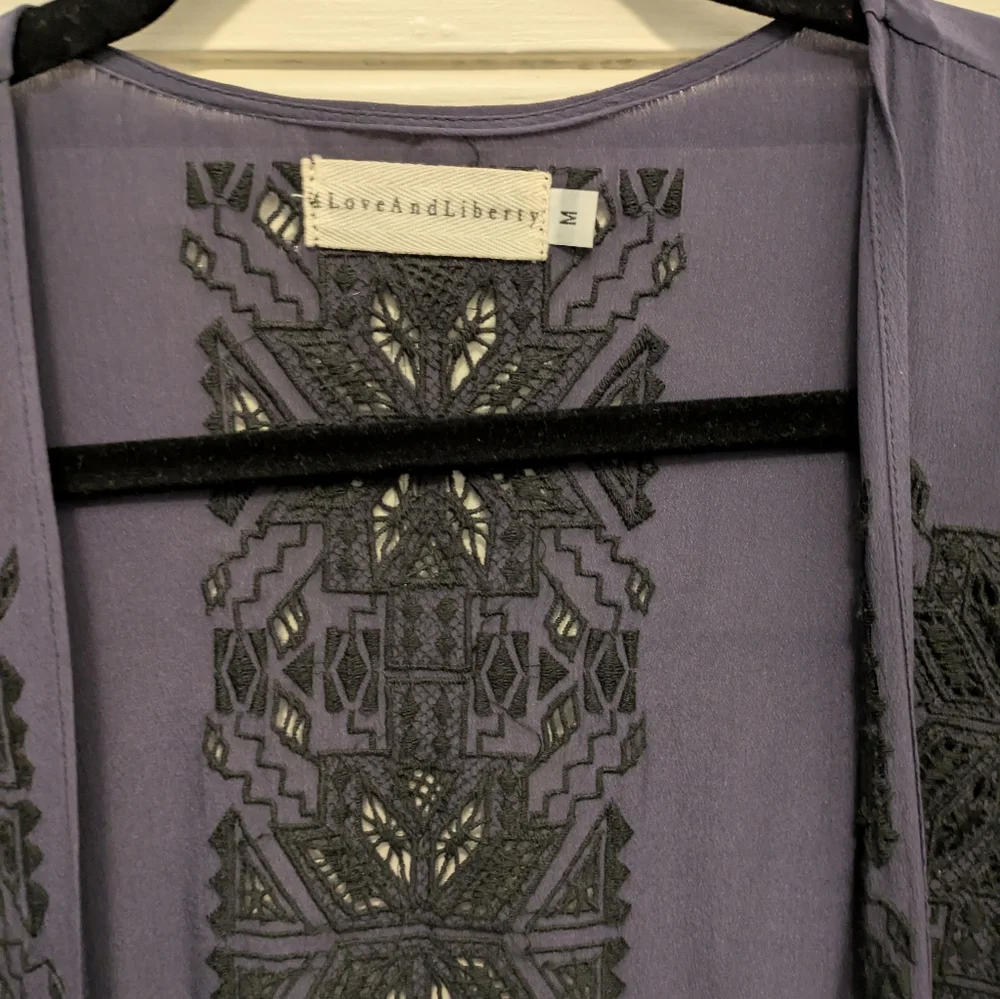 Johnny Was Love and Liberty Navy Blue Silk Kimono/ Jacket w/ Black Embroidery- M - Picture 3 of 5